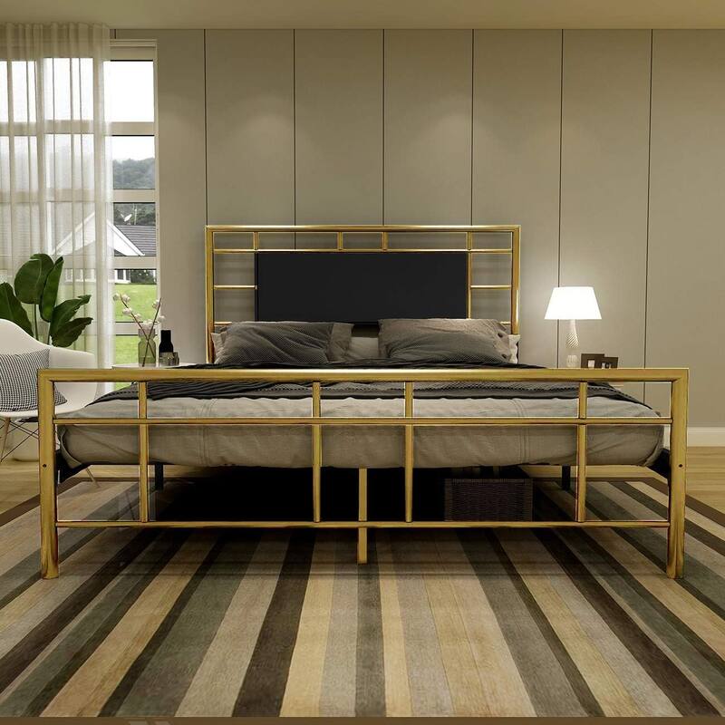 Alazyhome Modern Design Black Metal Platform Bed Frame with Headboard