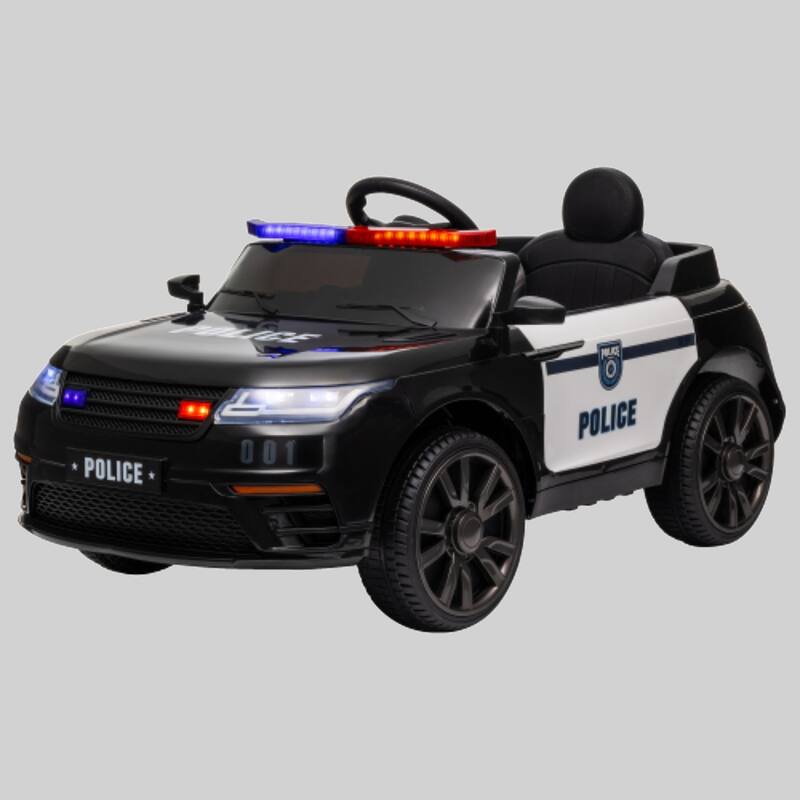 Battery Powered Police Car for Kids, 12V Ride-On with Remote Control, Siren, Music, and 3 Speeds - Black