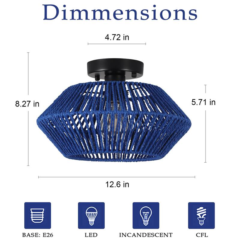 1-Light Farmhouse Style Classic Semi Flush Mount Chandelier, Hand-Woven Semi-Flush Mount Ceiling Light with Drum Shade