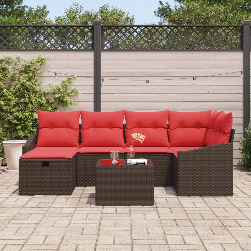 vidaXL 6/7 Garden Sofa Set with Cushions Black/Brown/Grey Poly Rattan - 91.9 x 48.6 x 27.2