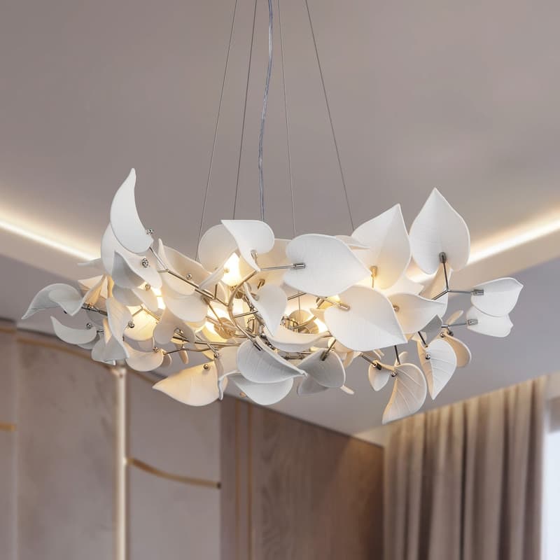 KAYLA 31.5" 6-Light Luxury Gold Round Chandelier, Modern Ceramic Leaf Branch - 31.5in 6-Light - Chrome