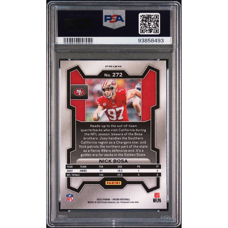 Nick Bosa 2023 Panini Prizm Red Sparkle Football Card #272 Graded PSA 10 Cert # 93858493 - 8' x 11'