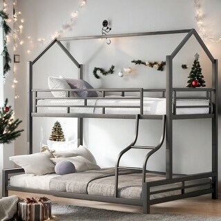 Twin over Full Metal House Bunk Bed, Safety and Convenience, Black