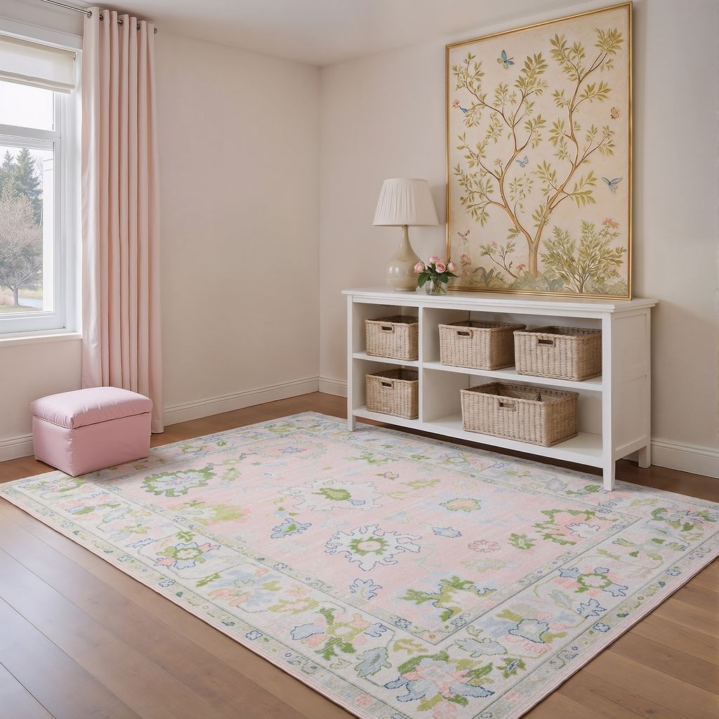 Addison Traditional Bordered Floral Pink/ Green Printed Washable Flat Pile Area Rug