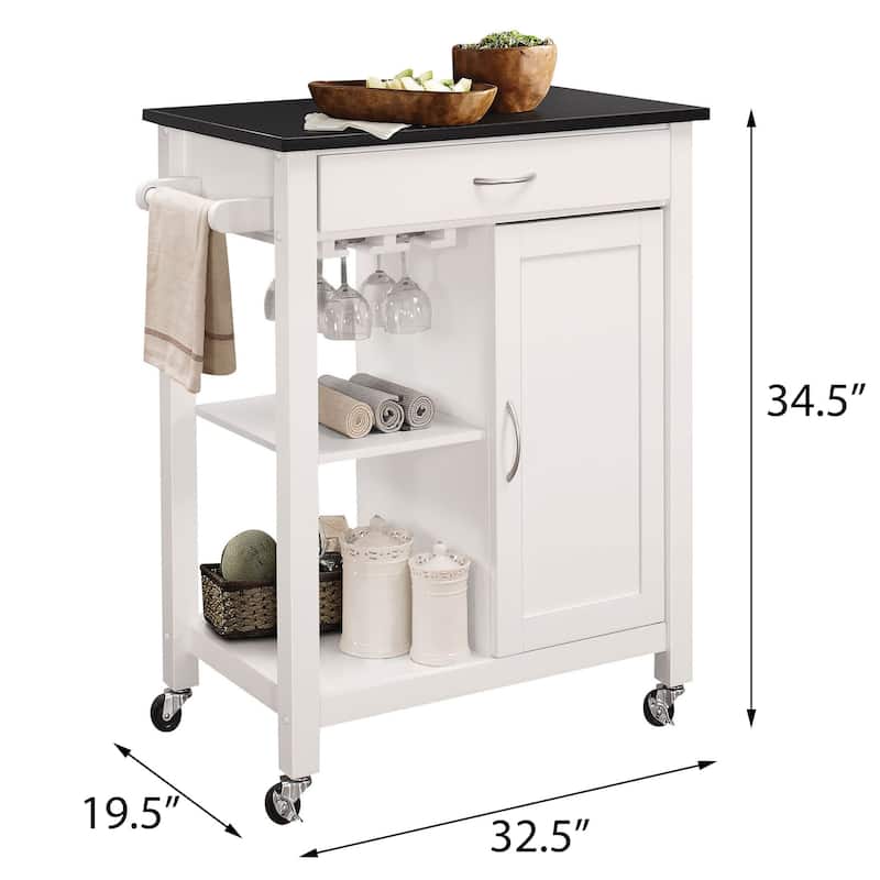 Black and White Kitchen Cart with 1 Cabinet - White