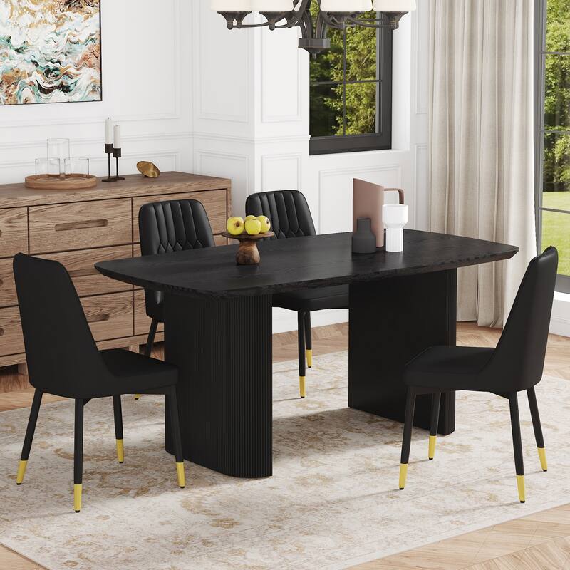 Rustic Table & Chairs Set, Ergonomic Leather Dining Chairs Dining Table, Side Chairs with Metal Legs - Black