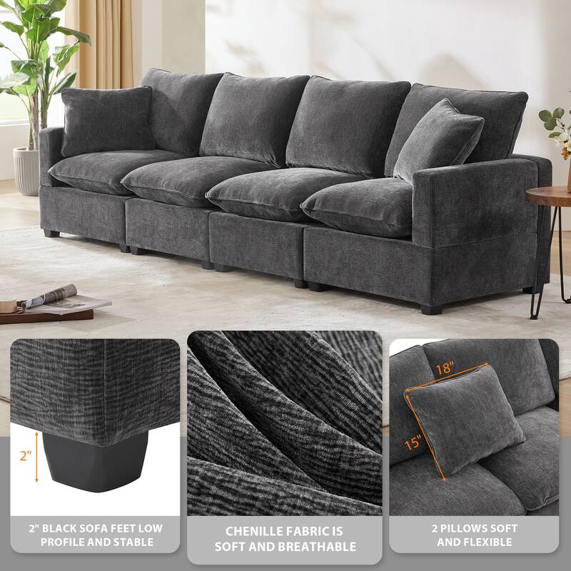 Black 84" Modular Chenille 4-Seat Sectional Sofa Set with 2 Pillows and Removable Cushions, Perfect for Living Space