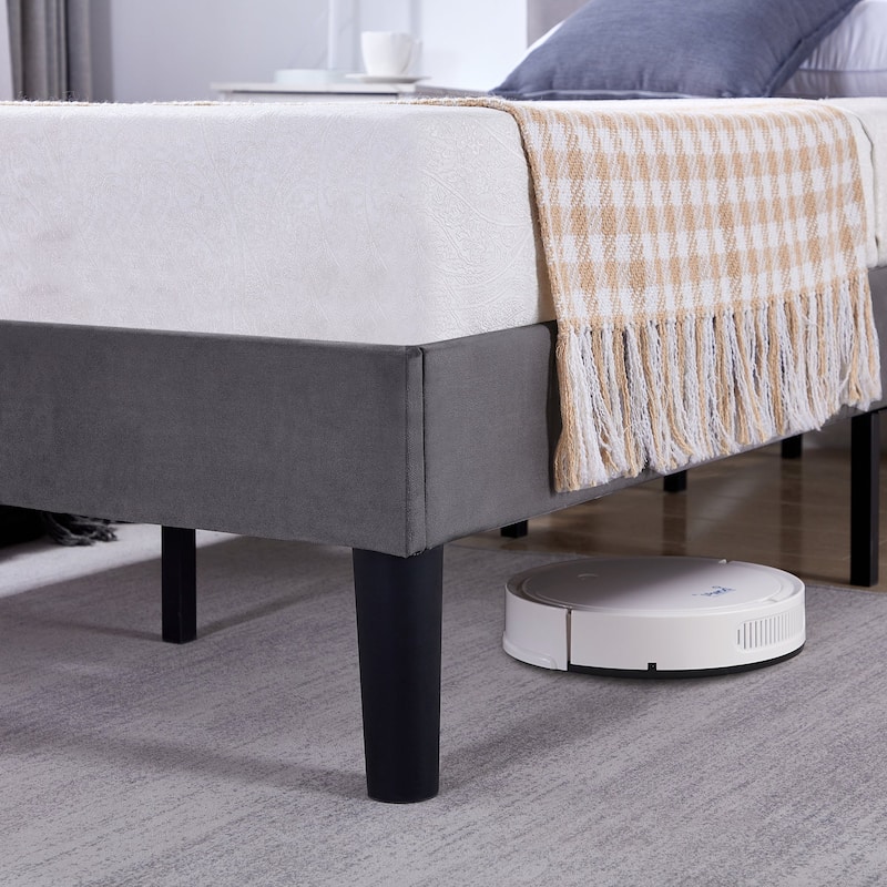VECELO Velvet Upholstered Bed Frame with Vertical Channel Tufted Headboard, Adjustable Headboard, Wooden Slats Support