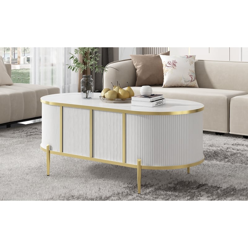 47.2" Modern Oval Coffee Table with Marble-patterned Top and 2 Cabinets