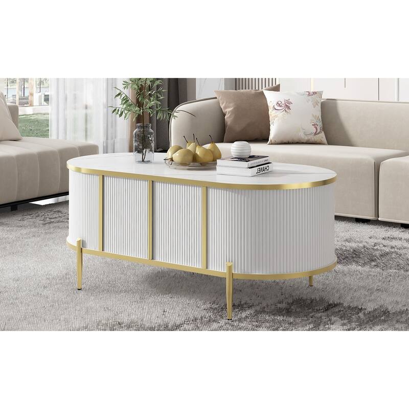 Modern Luxury Oval Grooved Coffee Table Marble Texture Coffee Table with 2 Cabinets Metal Legs for Living Room, White