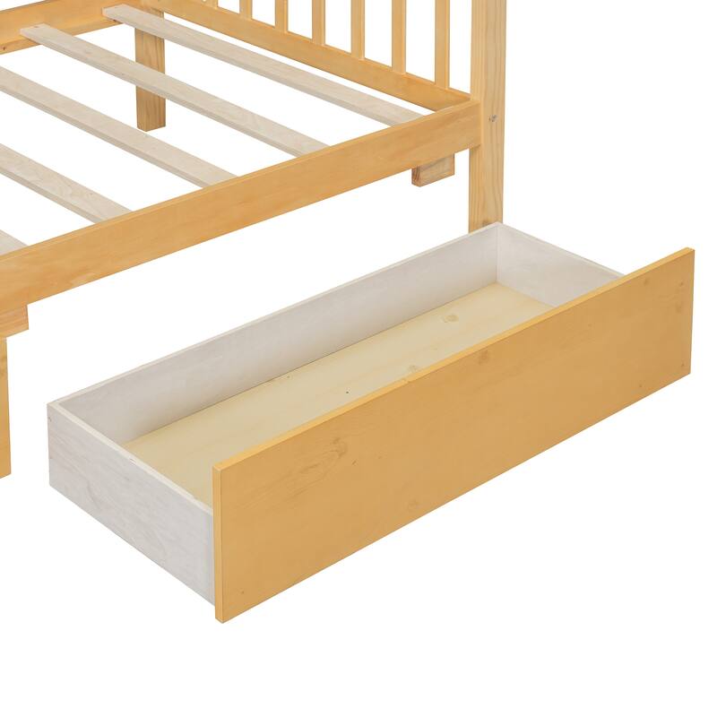Twin Size Wooden House Bed with Drawers, 79.5"L x 41.5"W x 63.1"H, Natural