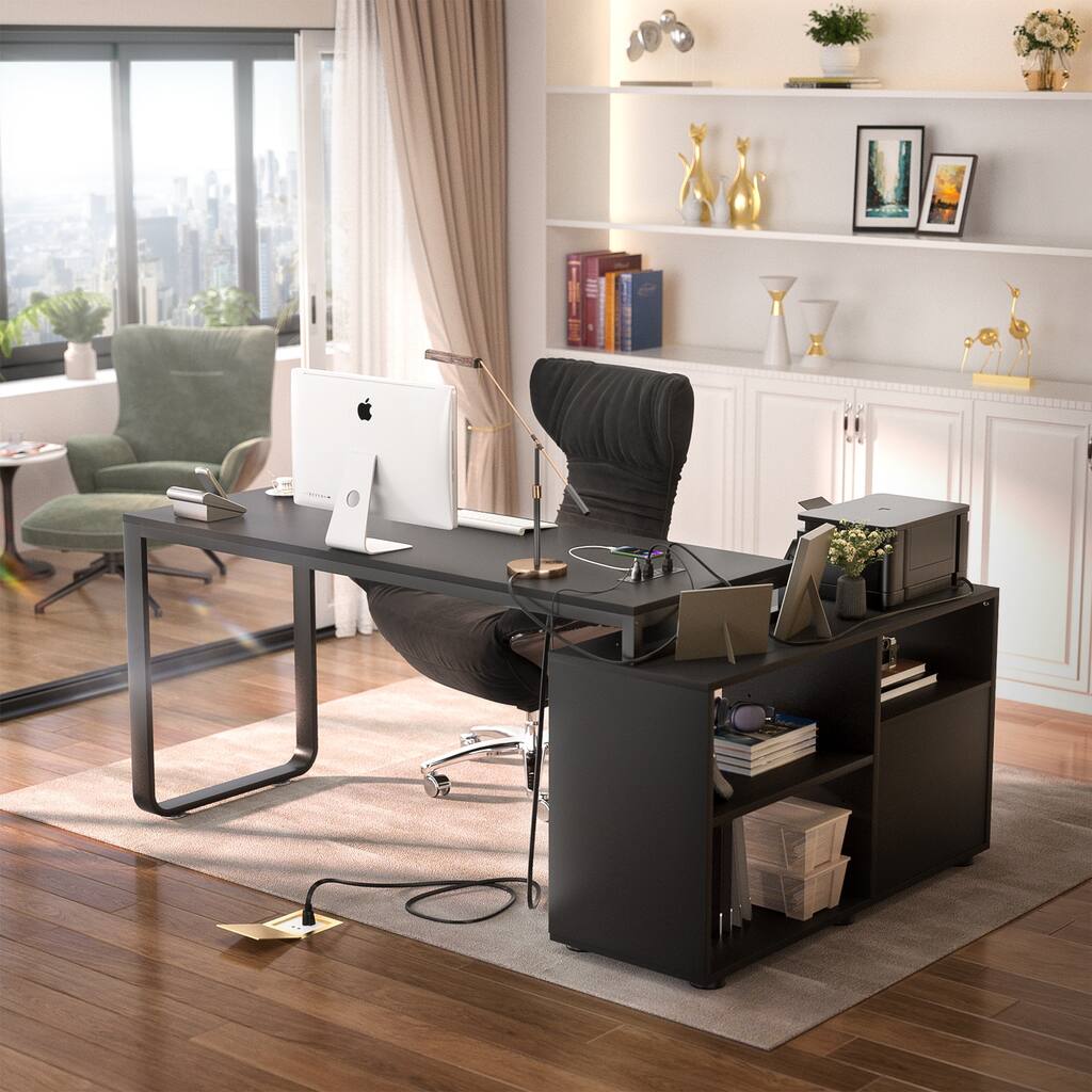 L Shaped Desk with File Cabinet & Power Outlet, Reversible 55 Inch Large Corner Computer Desks with LED Strip