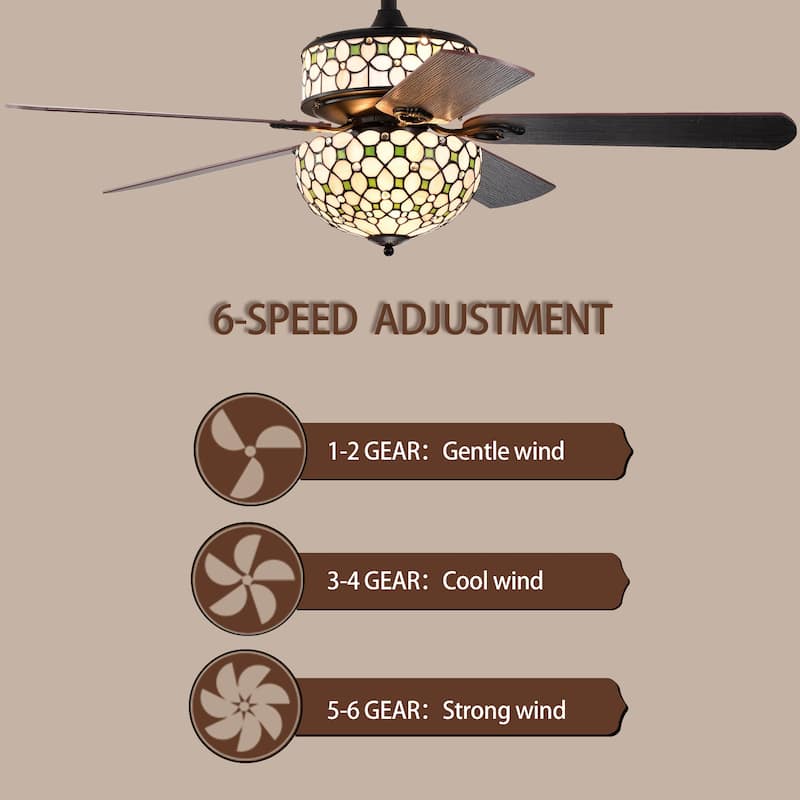 Guarvey 52-Inch Flushmount Two-Tiered Lighted Ceiling Fan Ivory Tiffany Glass Lamp Black Finish