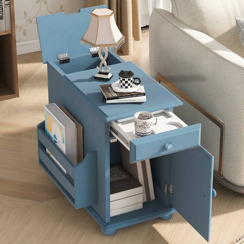 End Table Flip Top Side Table with USB Ports, One Multifunctional Drawer with cup holders, Sofa Couch Table with Bookshelf