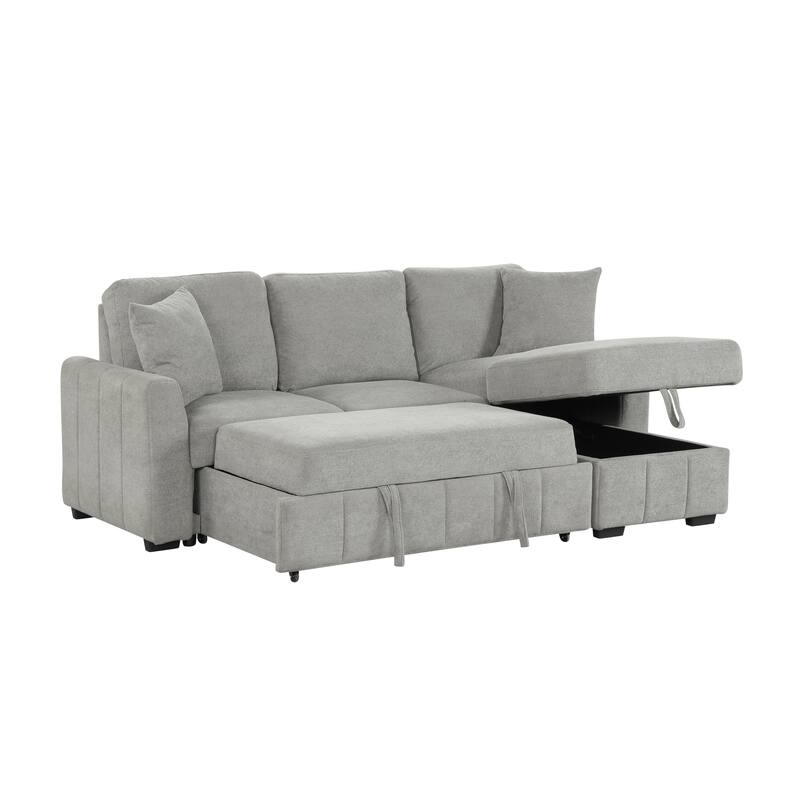 Roomfitters 90" L-Shaped Sectional Sleeper Sofa with Storage Chaise and Pull Out Bed, Fold Down Cup Holder Table