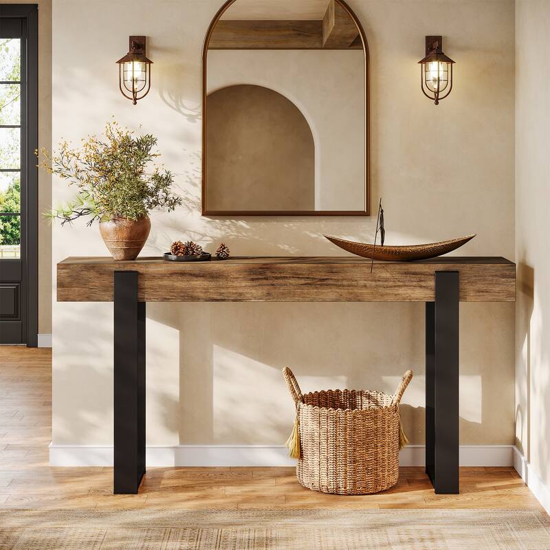 63 Inch Long Entryway Console Table, Solid Wood Top and Metal Legs