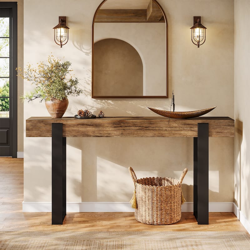 63-Inch Solid Wood Sofa Table Behind the Couch with Metal Support