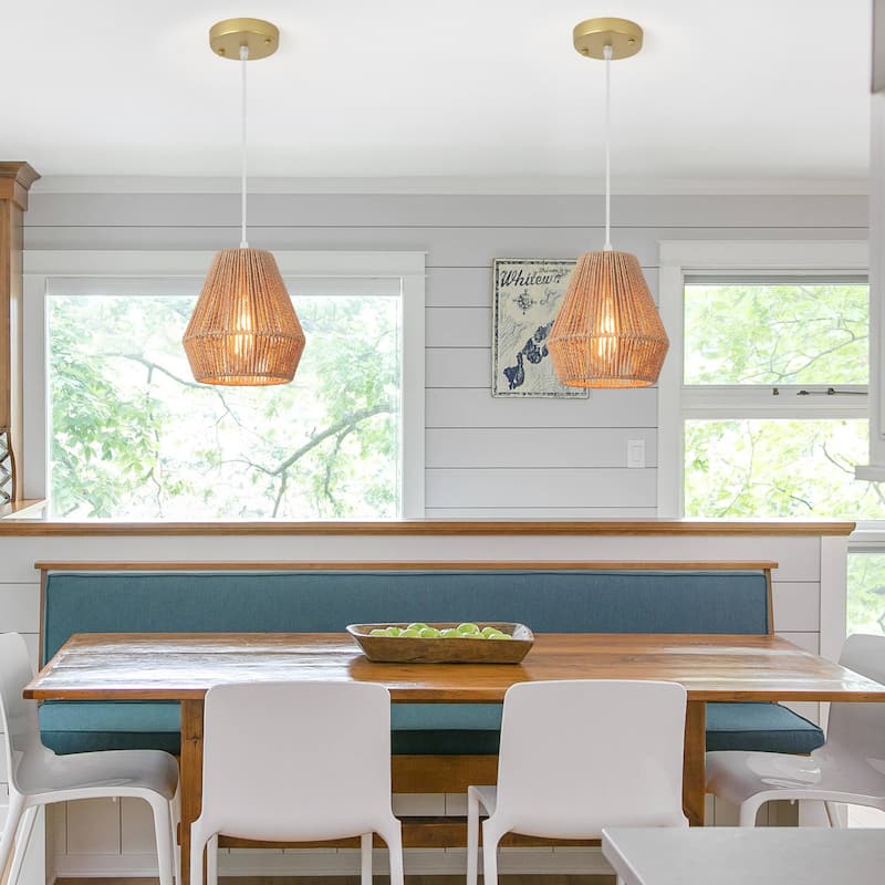 Boho Coastal 1-Light Hand-Woven Rattan Pendant Light for Kitchen Island Hallway (Set Of 2) - 7.28 in