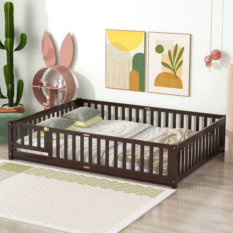 Floor Platform Bed with Fence Guardrails and Door - Espresso