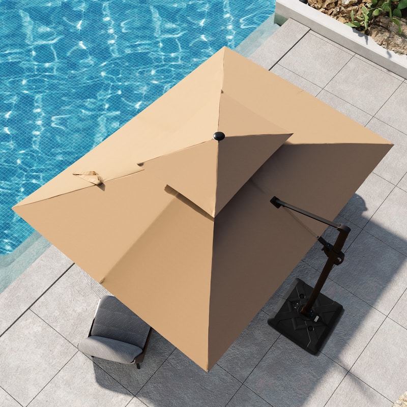 9 FT x 12 FT Outdoor Patio Dual Top Umbrella Cantilever Offset with Base - Tan