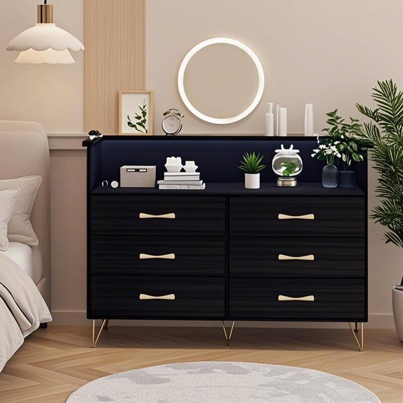 6-Drawer Dresser for Bedroom with LED Lights & Charging Station, Wood Storage Chest with Steel Frame