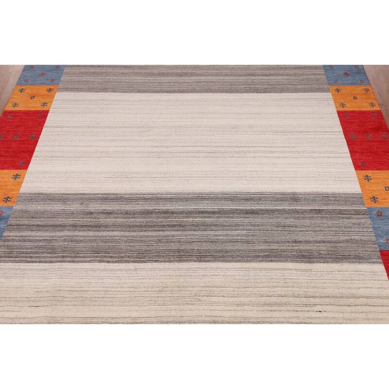 Modern Gabbeh Oriental Area Rug Hand-Knotted Beige Wool Carpet - 8'5" x 9'9"