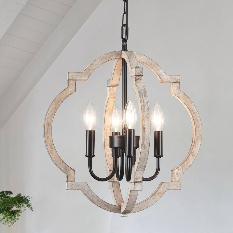 4-Light 16.33"W Wooden Lantern Rustic Chandeliers for Dining Room Kitchen
