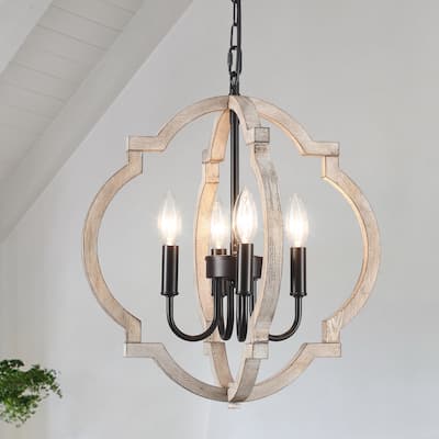 4-Light 16.33"W Wooden Lantern Rustic Chandeliers for Dining Room Kitchen