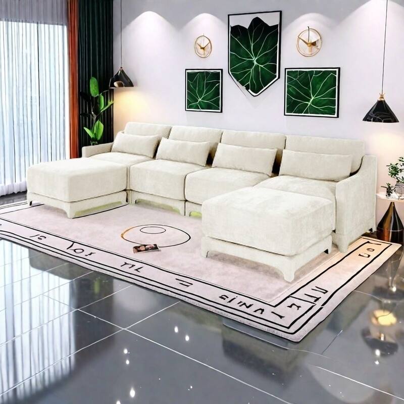 Modern Chenille 4-Seater Sofa with 2 Ottoman, Lumbar Cushions, Ergonomic Backrest, High-Resilience Spongeand Tufted Armrests - 4 Seater with 2 Ottoman Beige