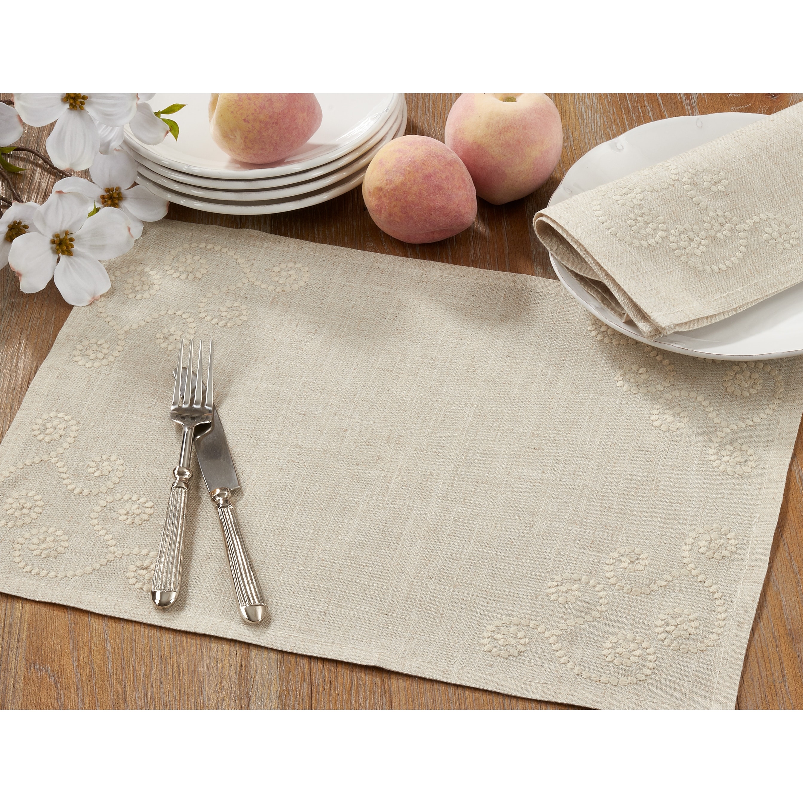 Linen Embroidered Placemats Set of 4, Ivory