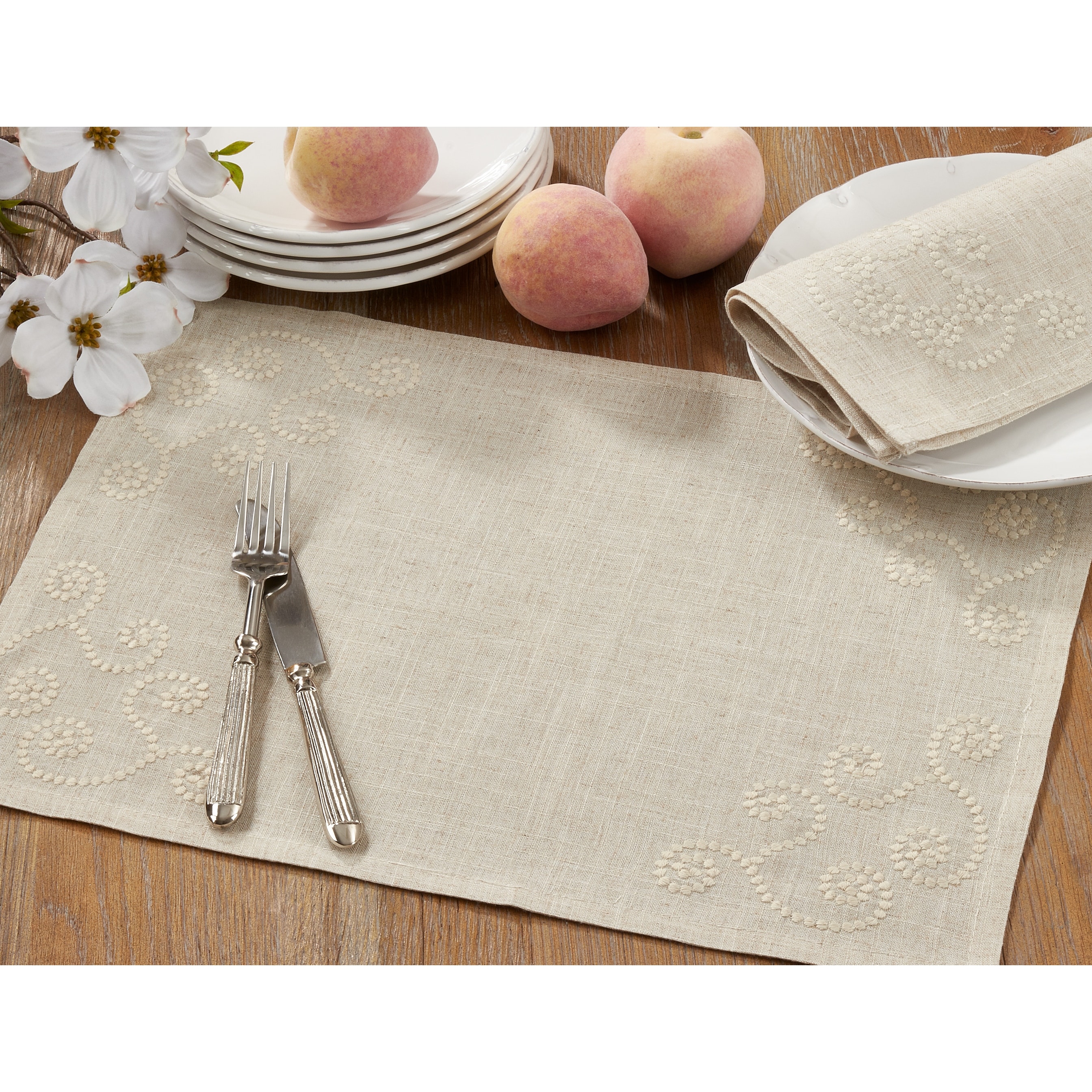 Embroidered Swirl Design Linen Blend Placemat - Set of 4