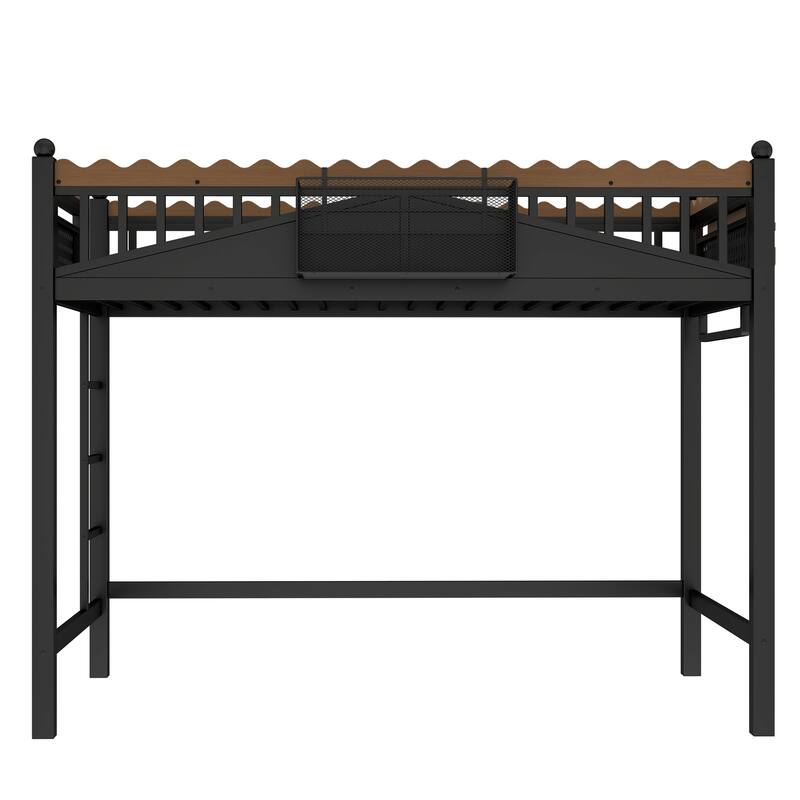 Modern Metal Loft Bed with Shelves & Bookshelf, Ladder Entry, No Box Spring Needed, Multi-Size