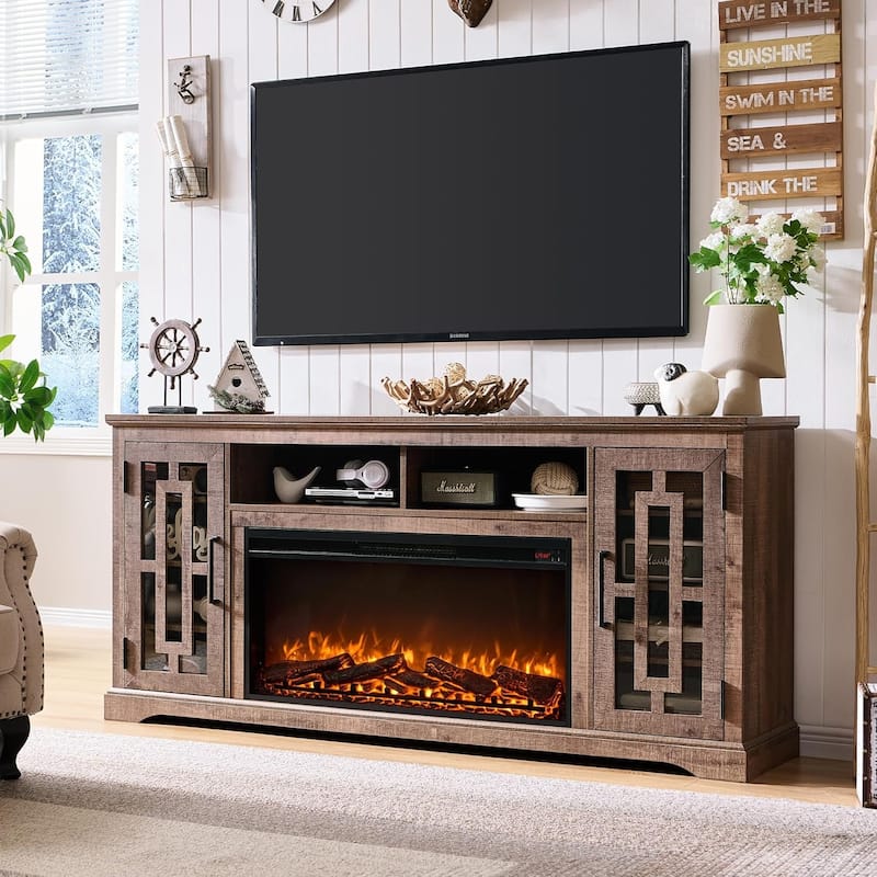 Farmhouse Fireplace TV Stand for 80 Inch TV, Entertainment Center - Rustic Brown