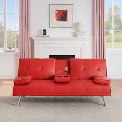 67-inch Leather Multifunctional Double Folding Sofa Bed with Tea