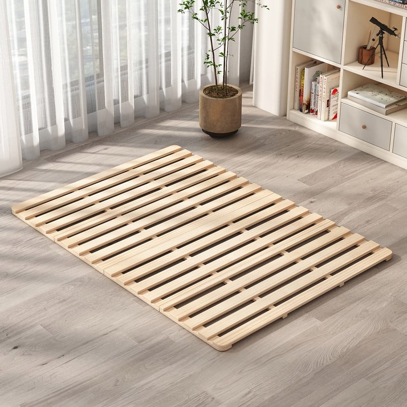 Solid Pine Wood Foldable Slatted Bed, Tatami Mat Floor Sleep Bedding - Full