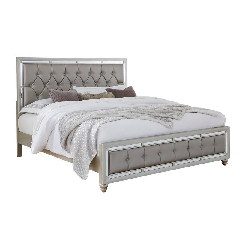 Silver Queen Bed with Button-Tufted Padded Headboard and Mirror Trim for Contemporary Style