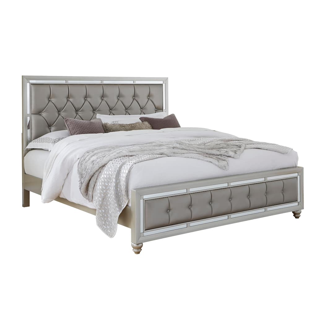 Silver Queen Bed with Button-Tufted Padded Headboard and Mirror Trim for Contemporary Style