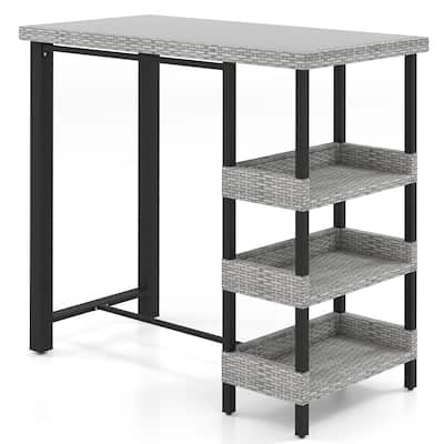 Mix Grey Rattan Metal Bar Table with Glass Top and 3 Storage Shelves - 43.5" L x 22" W x 41" H