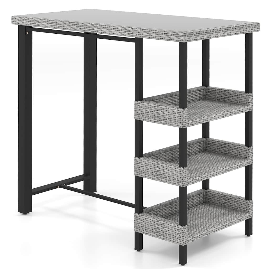 Mix Grey Rattan Metal Bar Table with Glass Top and 3 Storage Shelves - 43.5" L x 22" W x 41" H
