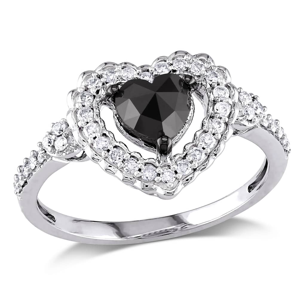 Miadora 1ct TW Black and White Halo Heart Shaped Diamond Engagement Ring in 10k White Gold
