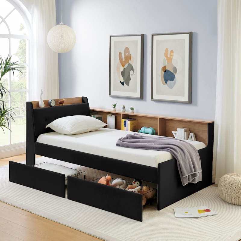 Roomfitters Twin Daybed with Storage Headboard, Wireless Charging, Drawers & Lighting, Velvet Upholstery