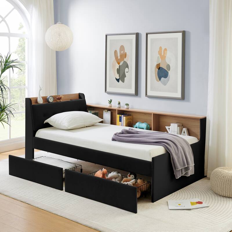 Twin Size Velvet Upholstered Daybed with Storage Headboard, LED and Wireless Charging - Optional Trundle Bed or Storage Drawers