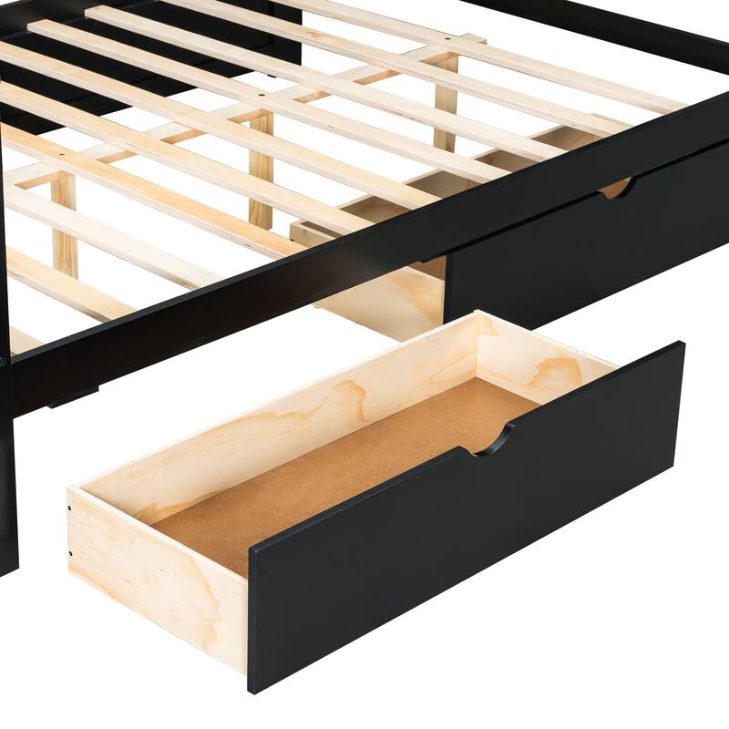 GDFStudio - Solid Wood Full Size Gaming Platform Bed with LED, Desk & Storage