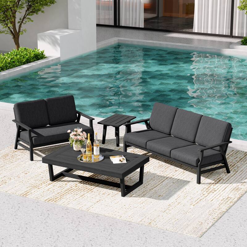 Teak Outdoor Seating Set with Daybed & Tables.