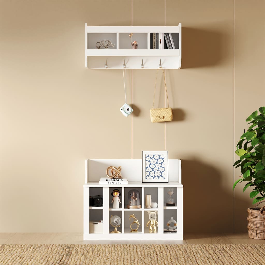 Shoe Storage Bench with Shelves and 4 Hooks