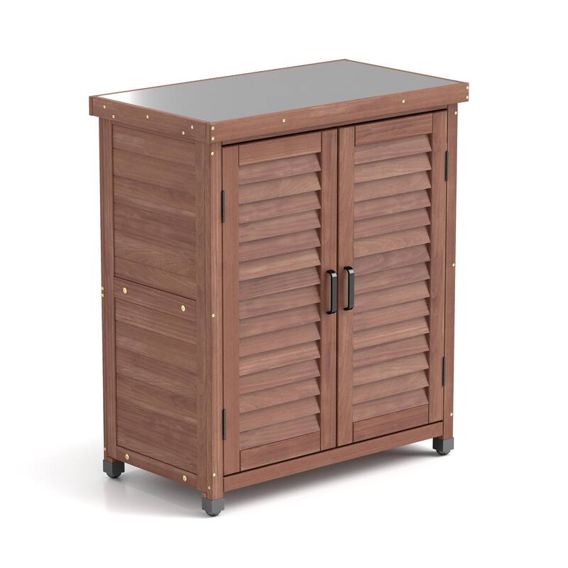 GDF Studio - Outdoor Wooden Potting Bench with Metal Tabletop Workstation and Storage Cabinet