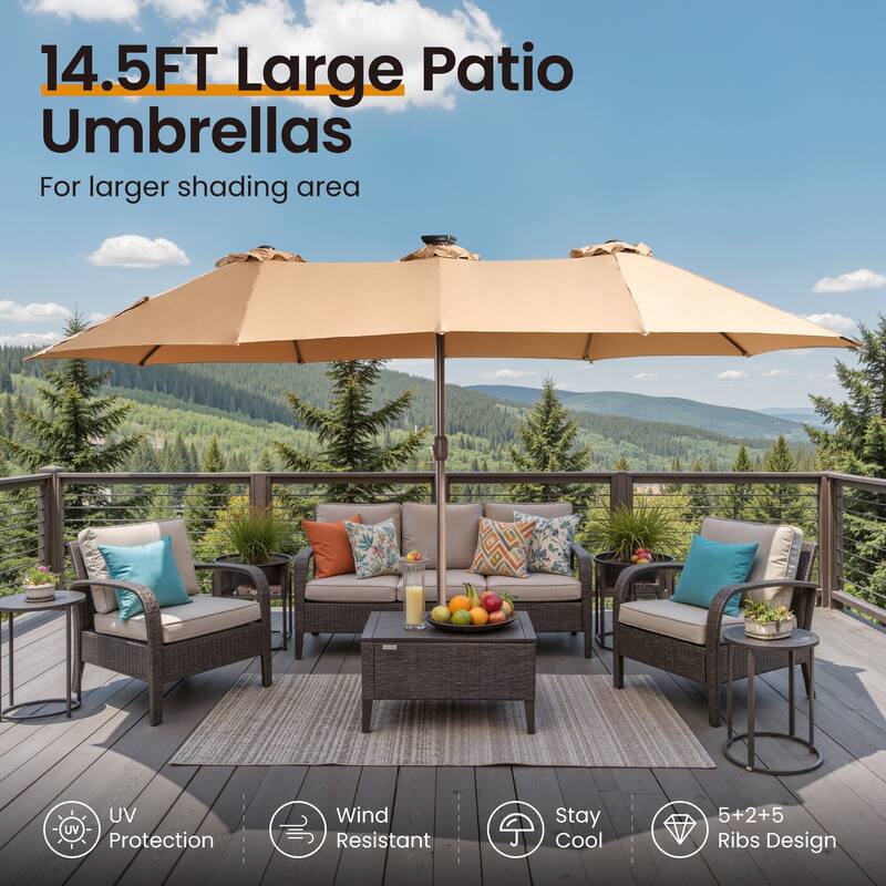 ​OVIOS 15ft Double-Sided Patio Outdoor Umbrella with Crank & Light