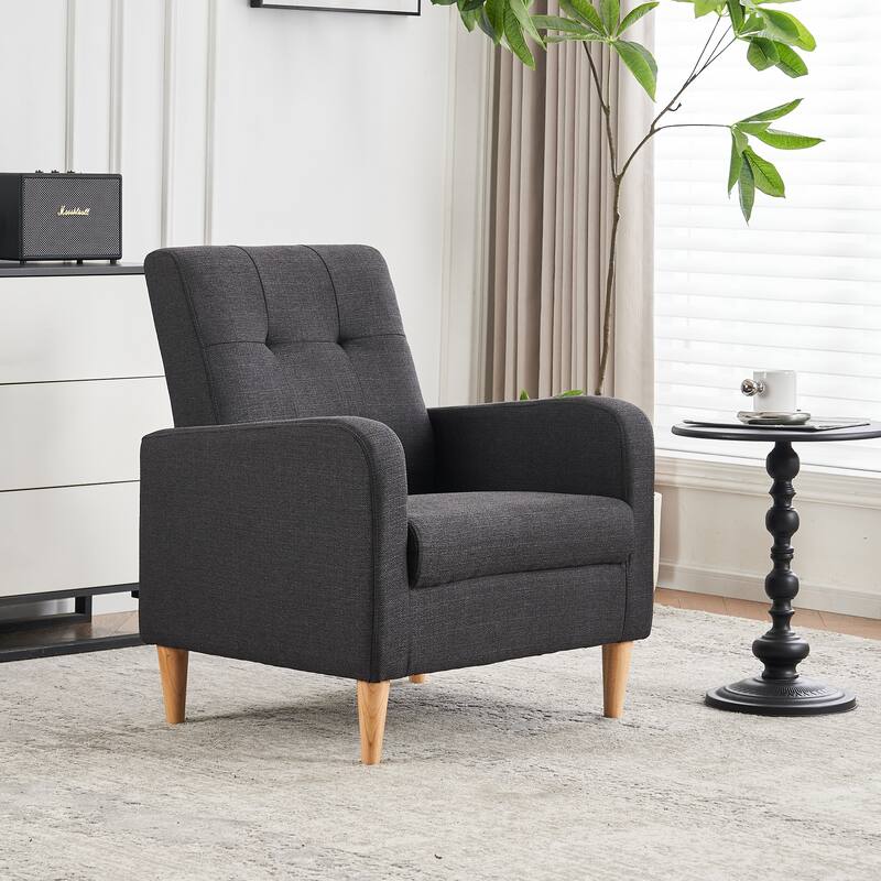 Set of 1 Fabric Upholstered Tufted Back Armchair with Natural Colored Legs - Charcoal
