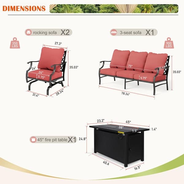dimension image slide 12 of 19, MAISON ARTS Outdoor Sofa Set 4/6-Piece Patio Conversation Set with 45'' Gas Fire Pit Table