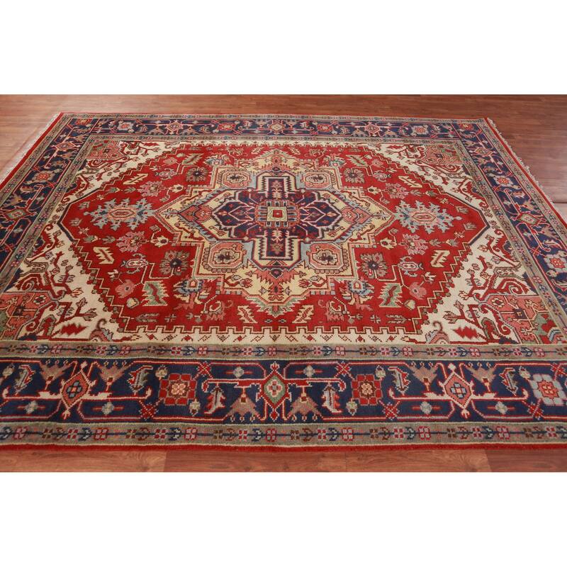 Hand Knotted Oriental 100% Wool Carpet Traditional Medallion Red Heriz (serapi) Area Rug - 9' 11'' X 7' 10''